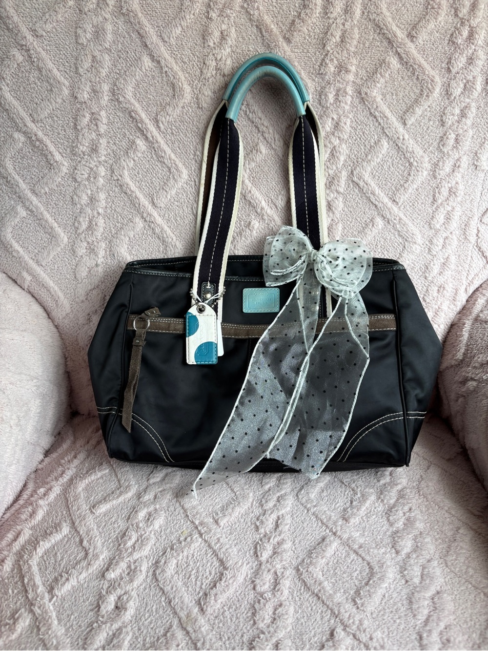 coach medium size Black Shoulder Bag with Light Blue Accents and Bow